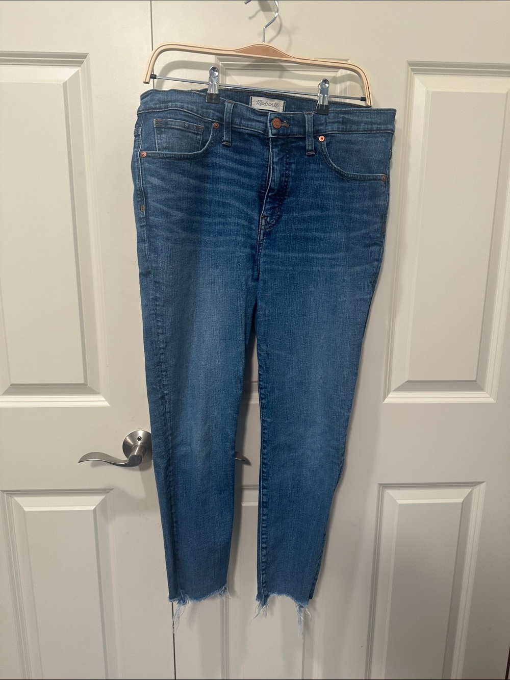 Madewell High-Rise Skinny Jeans in Medium Blue Wash with Raw Hem